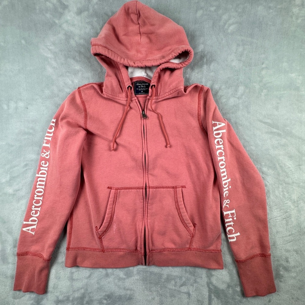 Y2K Abercrombie & Fitch Coral Pink Full Zip Drawstring Hoodie Logo Sleeve Size M